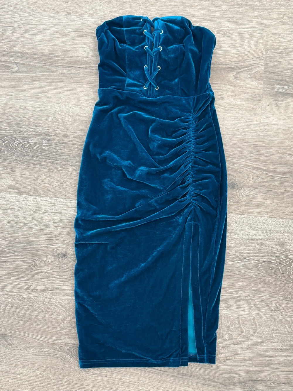Fashion Nova Teal Velvet Strapless Ruched Mini Dress S